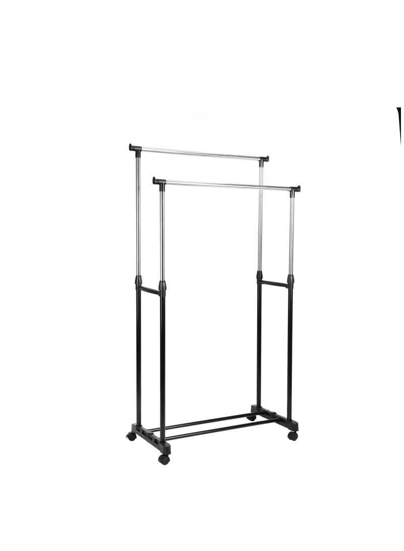 Royalford Garment Rack- RF12433/ Double Rod, Extendable Height Upto 155 cm, Large Storage and Easy to Move with Wheels Black - Image 1