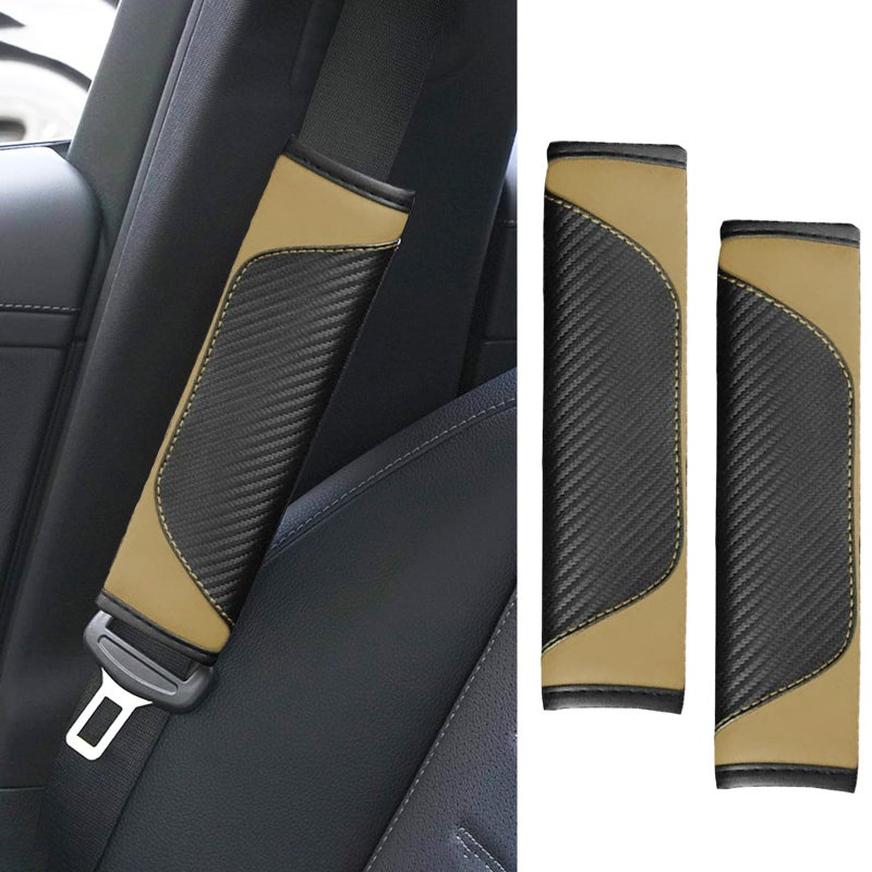 ongfuwu 2PCS Car Seat Belt Cover Pad Soft Carbon Fiber Leather Seatbelt Shoulder Protector for a More Comfortable Driving Universal Safety Belt Strap Cover to Protect Your Neck Beige - Image 3