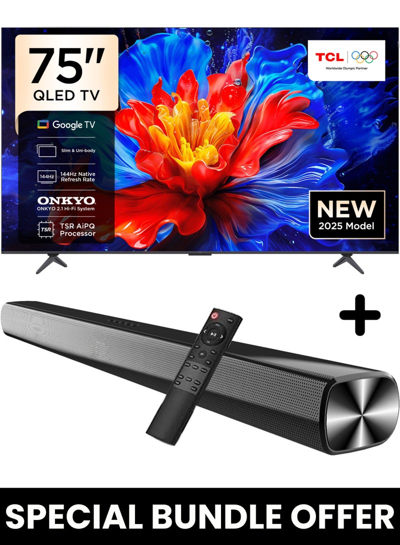 تي سي إل 75-Inch P8K QLED 4K Smart TV + 2.0 Channel Premium Soundbar | [Google TV, AiPQ Pro Processor, 144Hz, HDR10+, Slim Uni-body] + [HDMI (ARC), USB, Bluetooth, FM Station, Aux] - (2025 Model) 75P8K+SOUNDBAR Black - Image 1