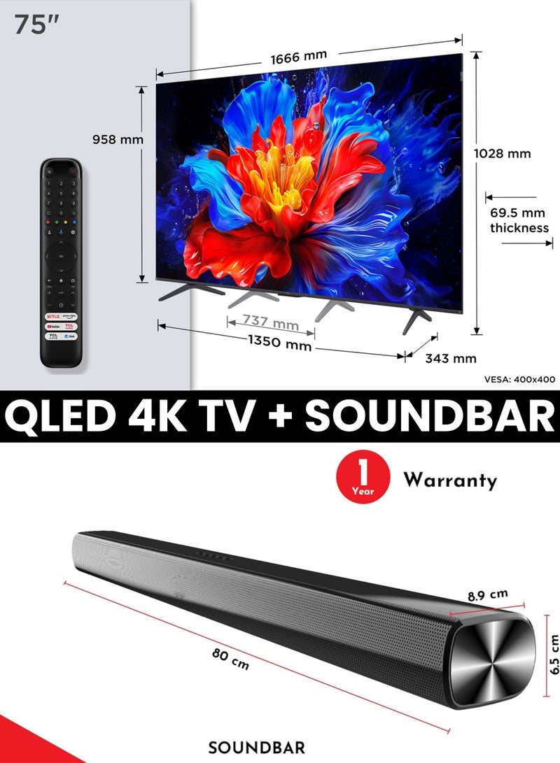 تي سي إل 75-Inch P8K QLED 4K Smart TV + 2.0 Channel Premium Soundbar | [Google TV, AiPQ Pro Processor, 144Hz, HDR10+, Slim Uni-body] + [HDMI (ARC), USB, Bluetooth, FM Station, Aux] - (2025 Model) 75P8K+SOUNDBAR Black - Image 2