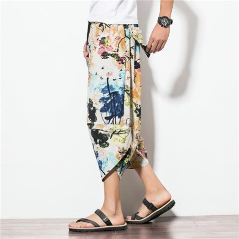 Chinese Style Mens Casual Cotton Linen Capris Yellow K29-8 color 