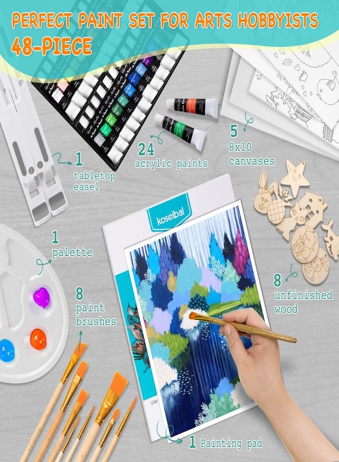 koseibal Acrylic Art Set with 24 Acrylic Paints, 8 DIY Wooden Stencils 5 Canvas Panels 8 Brushes, Table Easel, Etc, Painting Supplies Kit for Kids Students Artists and Beginner - Image 2