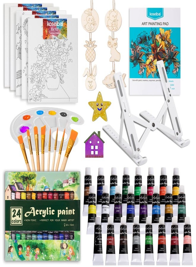 koseibal Acrylic Art Set with 24 Acrylic Paints, 8 DIY Wooden Stencils 5 Canvas Panels 8 Brushes, Table Easel, Etc, Painting Supplies Kit for Kids Students Artists and Beginner - Image 1