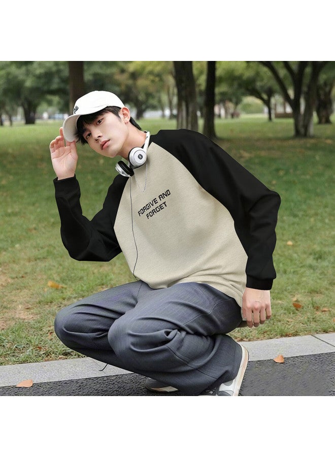 Tonlion Men's Text Print Raglan Contrast Color Long Sleeve T-shirt, Khaki, XL - Image 2