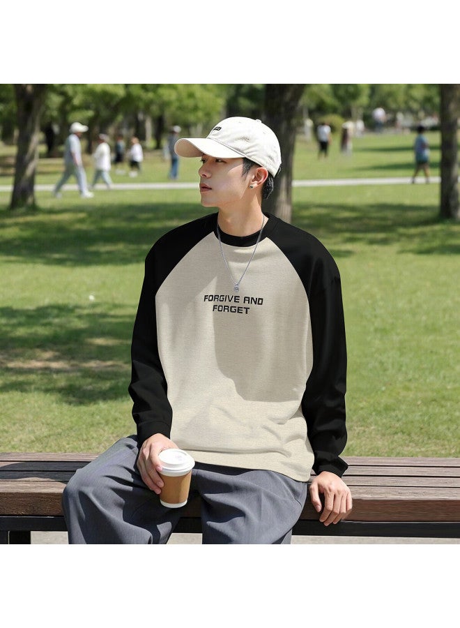Tonlion Men's Text Print Raglan Contrast Color Long Sleeve T-shirt, Khaki, XL - Image 3