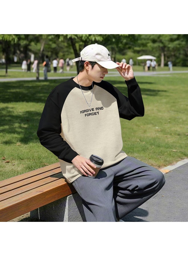 Tonlion Men's Text Print Raglan Contrast Color Long Sleeve T-shirt, Khaki, XL - Image 1