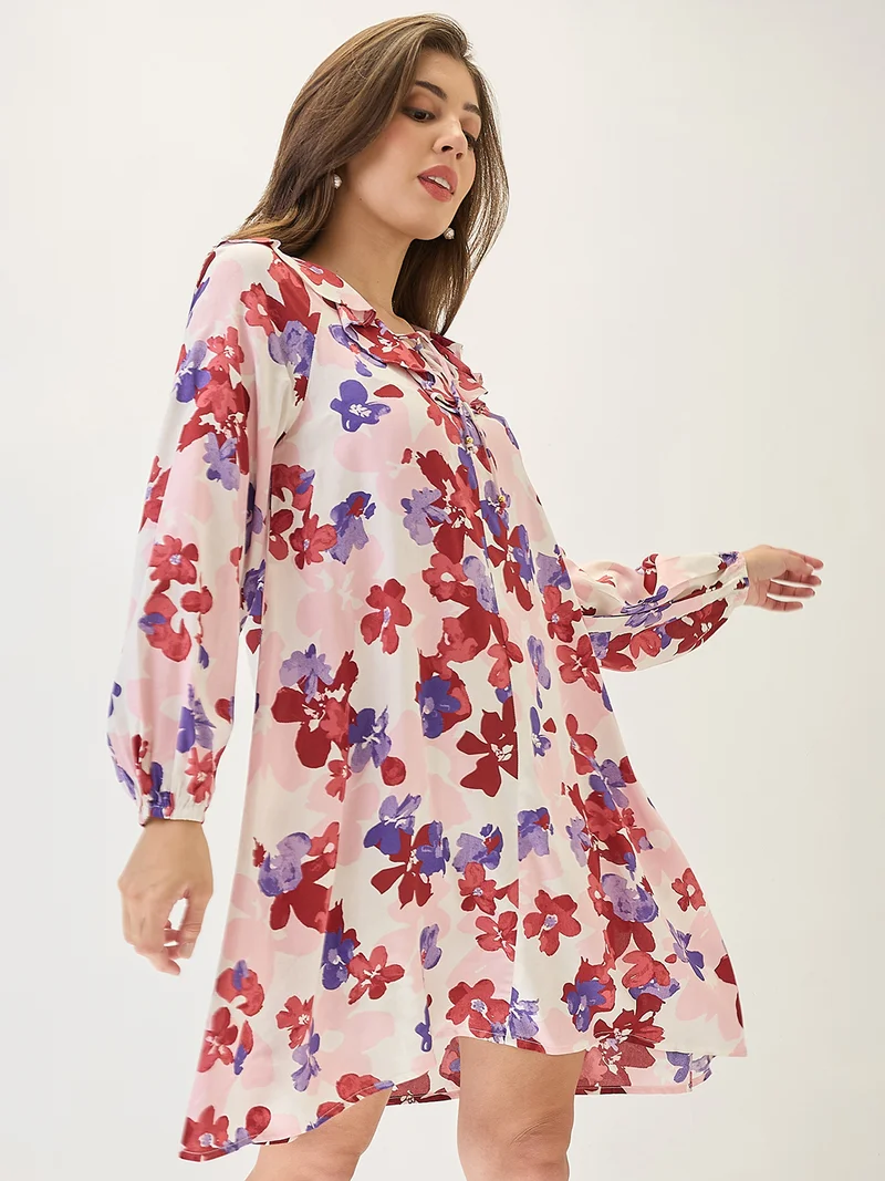 جلو باص فستان نسائي قصير بتصميم - وياقة  وأكمام أسقف مطبوع بالزهور