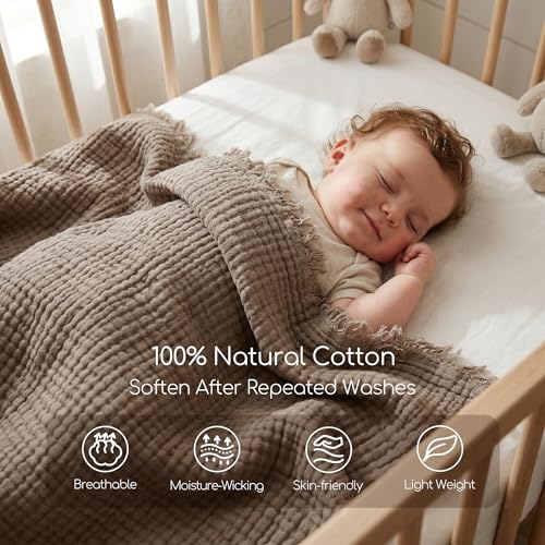 WDCOZY 100 Cotton Muslin Blanket Queen Size 4Layer for Bed Breathable Lightweight Soft Large Boho Farmhouse Linen Tassels Ruffle Gauze Blankets 90x90 Inches Brown Mocha Chocolate Coffee Taupe - Image 3