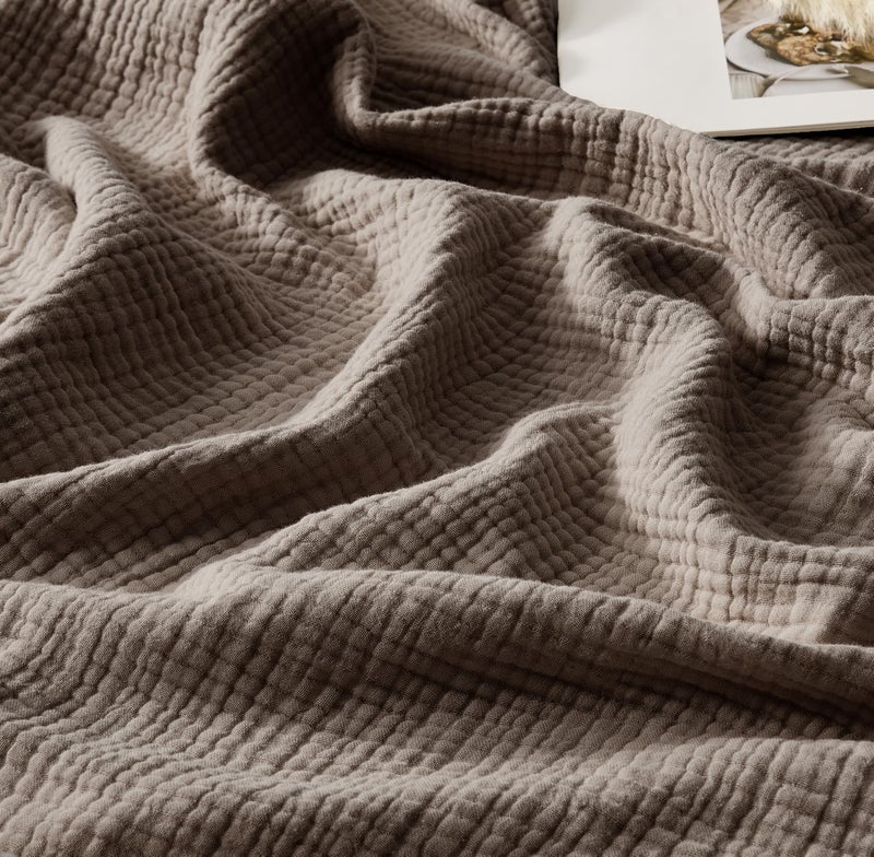 WDCOZY 100 Cotton Muslin Blanket Queen Size 4Layer for Bed Breathable Lightweight Soft Large Boho Farmhouse Linen Tassels Ruffle Gauze Blankets 90x90 Inches Brown Mocha Chocolate Coffee Taupe - Image 2