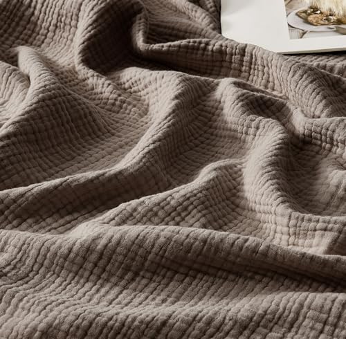 WDCOZY 100 Cotton Muslin Blanket Queen Size 4Layer for Bed Breathable Lightweight Soft Large Boho Farmhouse Linen Tassels Ruffle Gauze Blankets 90x90 Inches Brown Mocha Chocolate Coffee Taupe - Image 1