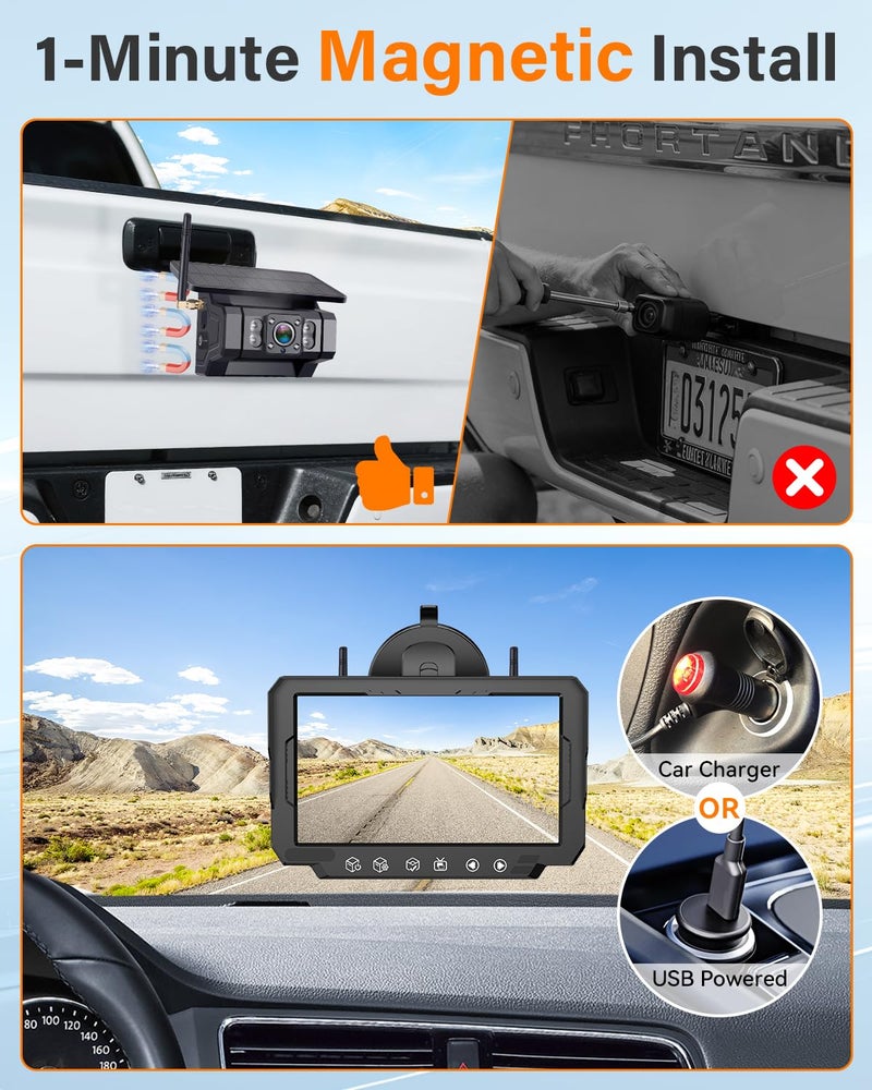 Rohent Solar Wireless Backup Camera for Trucks: 7" HD 1080P Monitor, 1-Min Easy Magnetic Install, Night Vision, Dual Antenna Boost Signal for Pickups - Designed for Long-Distance Drivers and Campers - Image 2