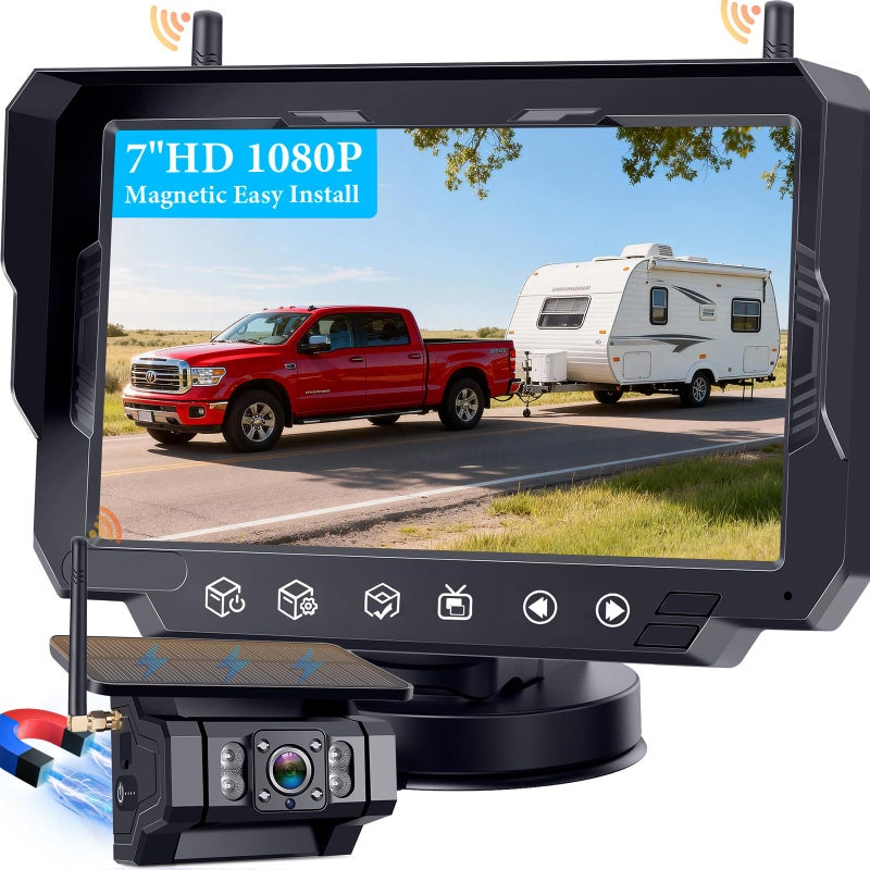 Rohent Solar Wireless Backup Camera for Trucks: 7" HD 1080P Monitor, 1-Min Easy Magnetic Install, Night Vision, Dual Antenna Boost Signal for Pickups - Designed for Long-Distance Drivers and Campers - Image 1