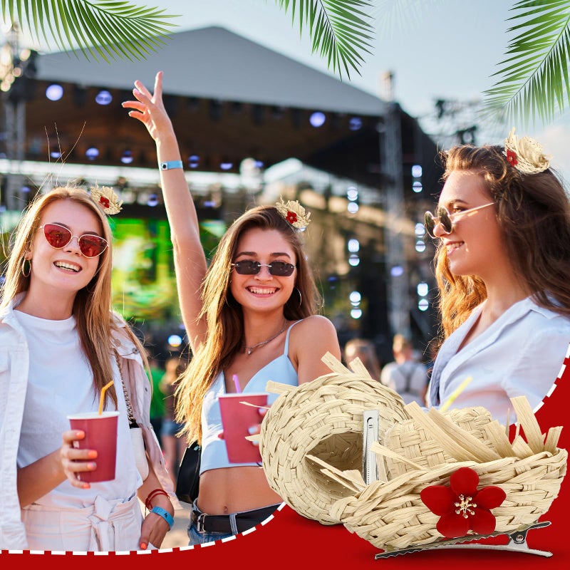 Canlierr 4 Pcs Pava Hat Puerto Rico Hair Clips Mini Straw Hats Puerto Rico with Flower Scarecrow Costume Accessory Decorations Adult Hawaiian Luau Straw Hair Clips for Women Accessories Concert Decor - Image 5