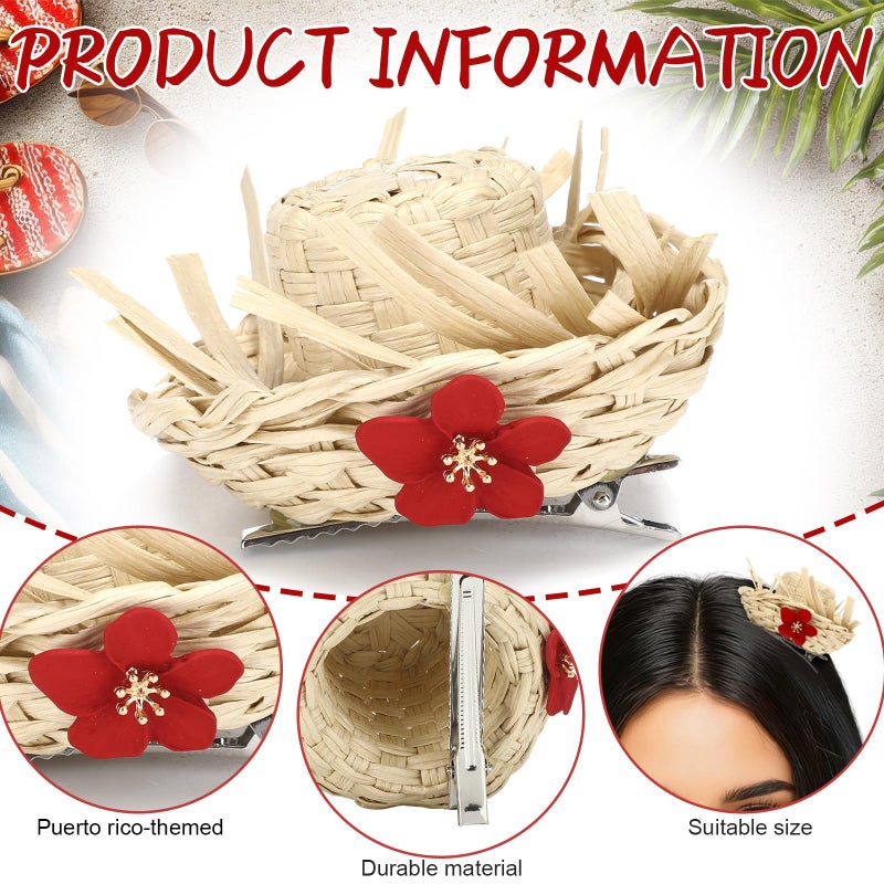 Canlierr 4 Pcs Pava Hat Puerto Rico Hair Clips Mini Straw Hats Puerto Rico with Flower Scarecrow Costume Accessory Decorations Adult Hawaiian Luau Straw Hair Clips for Women Accessories Concert Decor - Image 3