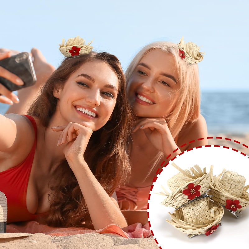 Canlierr 4 Pcs Pava Hat Puerto Rico Hair Clips Mini Straw Hats Puerto Rico with Flower Scarecrow Costume Accessory Decorations Adult Hawaiian Luau Straw Hair Clips for Women Accessories Concert Decor - Image 4
