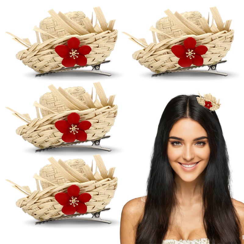 Canlierr 4 Pcs Pava Hat Puerto Rico Hair Clips Mini Straw Hats Puerto Rico with Flower Scarecrow Costume Accessory Decorations Adult Hawaiian Luau Straw Hair Clips for Women Accessories Concert Decor - Image 1