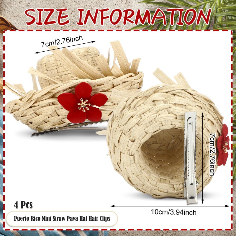 Canlierr 4 Pcs Pava Hat Puerto Rico Hair Clips Mini Straw Hats Puerto Rico with Flower Scarecrow Costume Accessory Decorations Adult Hawaiian Luau Straw Hair Clips for Women Accessories Concert Decor - Image 2