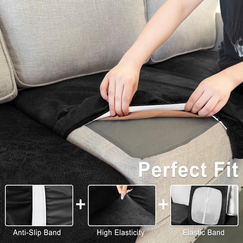 ANARACHON Leather Look Couch Cushion Covers Sofa Seat Slipcovers Sets Couches Furniture Protector for Sectional Armchair Loveseat Pets Kids Stretch Spandex Fabric (3 Cushion Sofa, Black) - Image 4