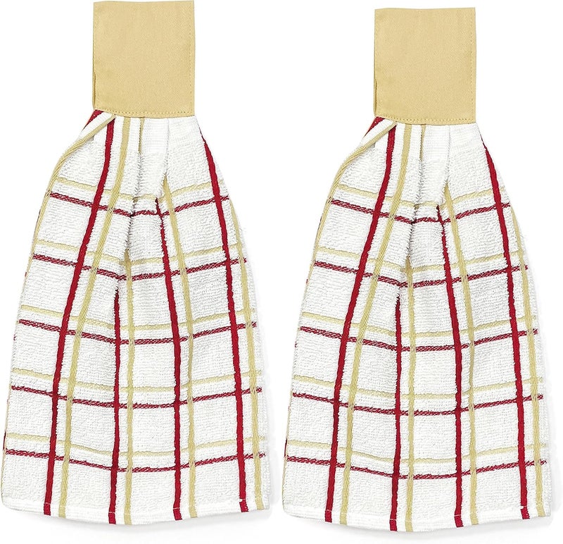 KOVOT Kovot Set of 2 Cotton Hanging Tie Towels  Include 2 Hanging Towels That Latch with Hook  Loop Plaid Tan  Red  - Image 1