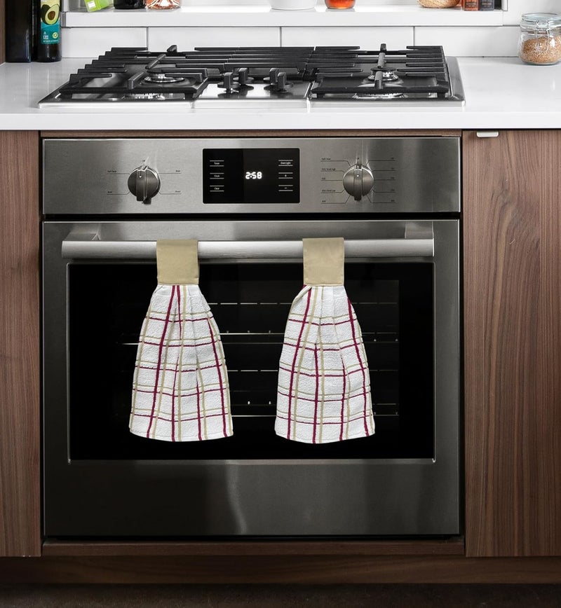 KOVOT Kovot Set of 2 Cotton Hanging Tie Towels  Include 2 Hanging Towels That Latch with Hook  Loop Plaid Tan  Red  - Image 2
