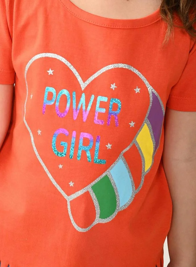 بونكيدز Regular Fit Printed Dark And Orange Cotton T-Shirt For Girls Round Neck Flat Collar Pull On 100 % Cotton