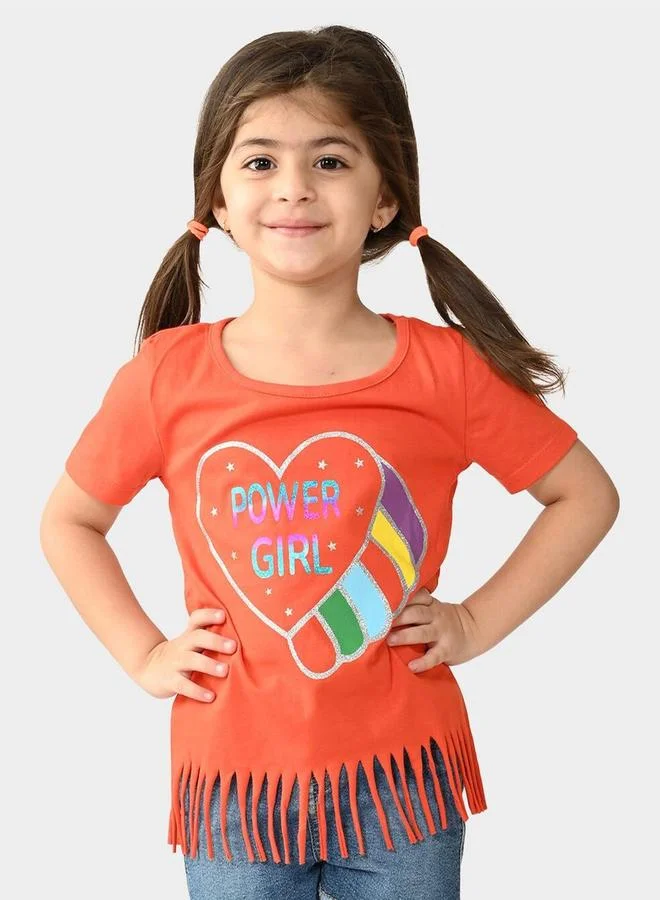 بونكيدز Regular Fit Printed Dark And Orange Cotton T-Shirt For Girls Round Neck Flat Collar Pull On 100 % Cotton