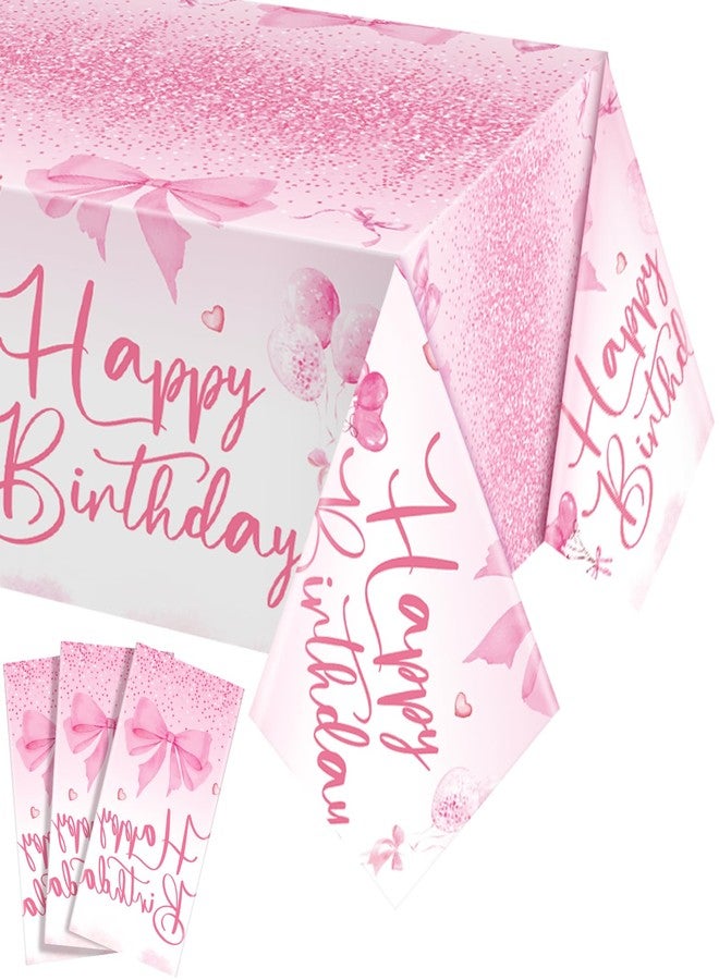 Breling 3 Pcs Pink Bow Happy Birthday Tablecloth 54 x 108 Inch Plastic Disposable Table Covers Coquette Bow Party Decoration for Women Bridal Shower Bachelorette Birthday Party Supplies - Image 1