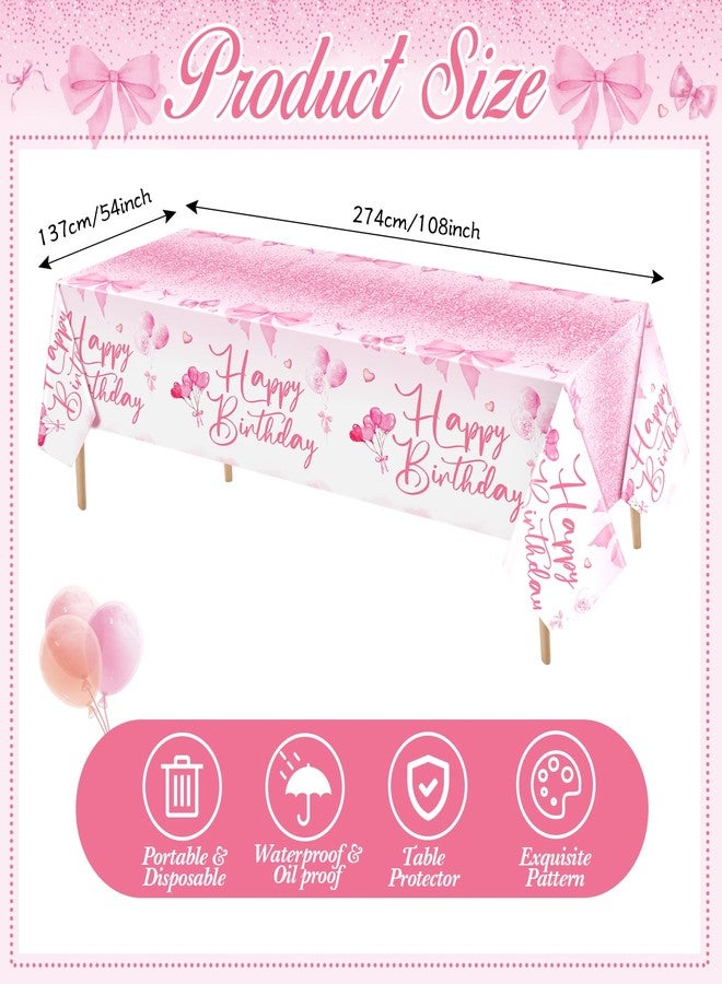 Breling 3 Pcs Pink Bow Happy Birthday Tablecloth 54 x 108 Inch Plastic Disposable Table Covers Coquette Bow Party Decoration for Women Bridal Shower Bachelorette Birthday Party Supplies - Image 3
