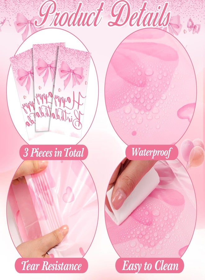 Breling 3 Pcs Pink Bow Happy Birthday Tablecloth 54 x 108 Inch Plastic Disposable Table Covers Coquette Bow Party Decoration for Women Bridal Shower Bachelorette Birthday Party Supplies - Image 2