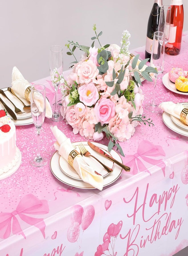 Breling 3 Pcs Pink Bow Happy Birthday Tablecloth 54 x 108 Inch Plastic Disposable Table Covers Coquette Bow Party Decoration for Women Bridal Shower Bachelorette Birthday Party Supplies - Image 5