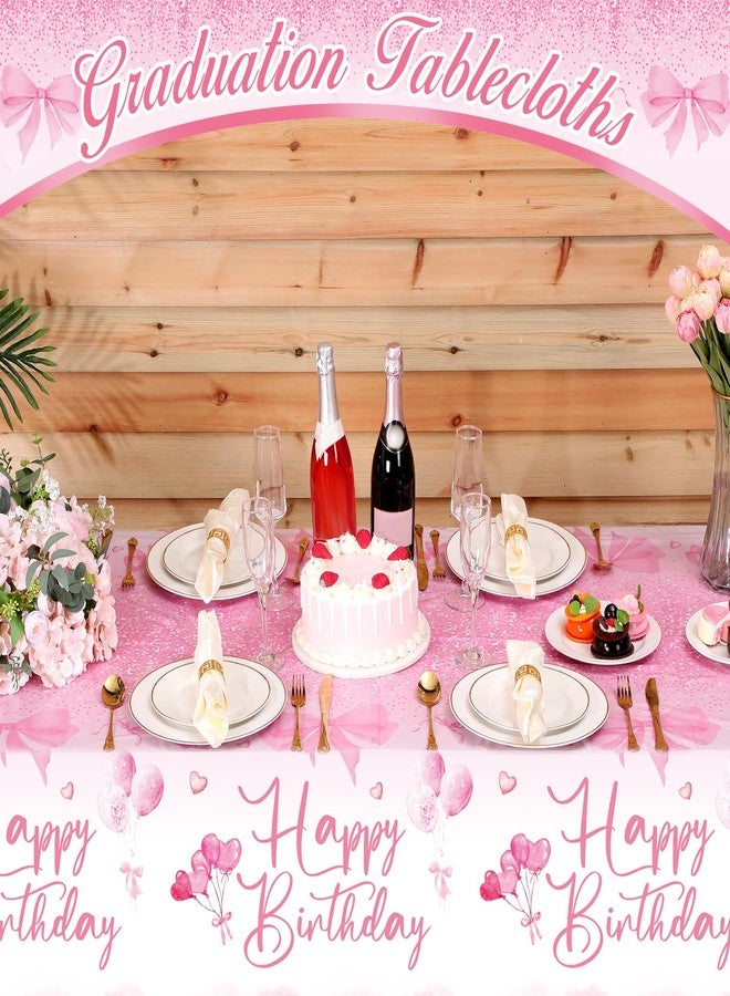 Breling 3 Pcs Pink Bow Happy Birthday Tablecloth 54 x 108 Inch Plastic Disposable Table Covers Coquette Bow Party Decoration for Women Bridal Shower Bachelorette Birthday Party Supplies - Image 4