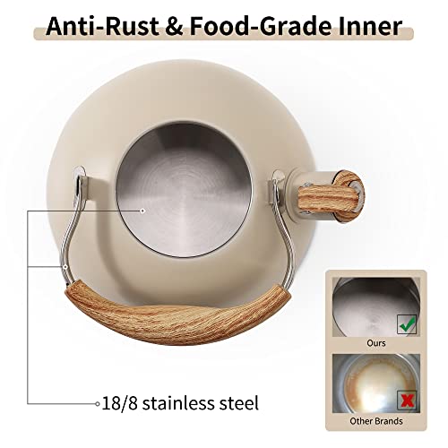 LONFFERY Tea Kettle for Stove Top, 2.5 Quart Whistling Tea Kettle, with Food Grade Stainless Steel and Wood Pattern Folding Handle, Creamy White - Image 5