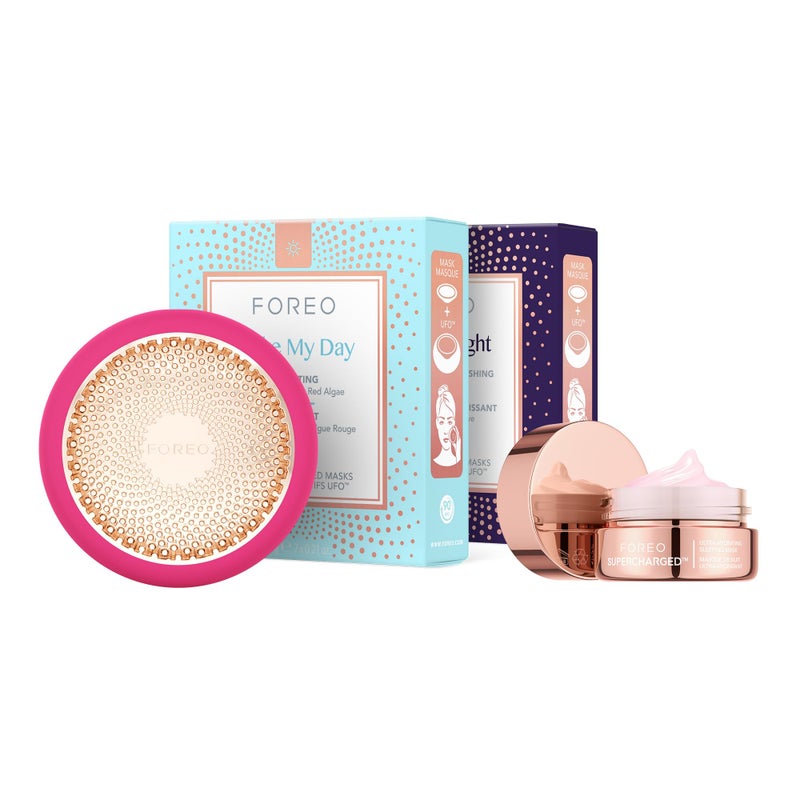 FOREO Hyper Hydra UFO 3 Bundle Face Moisturiser Device 14 UFO Activated Masks Hydrating Night Mask 05 oz Red Light Treatment Thermo Cryo Treatment Skin Care Fuchsia