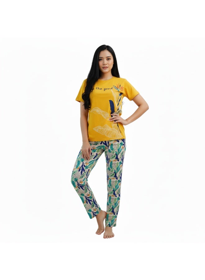 جوانا طقم بيجاما نسائي مع قميص وبنطال بطبعة "انظري إلى الجيد"، أصفر أخضر - Image 3