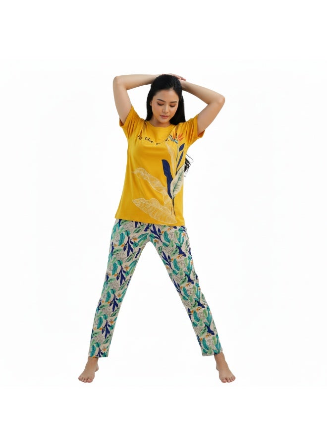 جوانا طقم بيجاما نسائي مع قميص وبنطال بطبعة "انظري إلى الجيد"، أصفر أخضر - Image 4