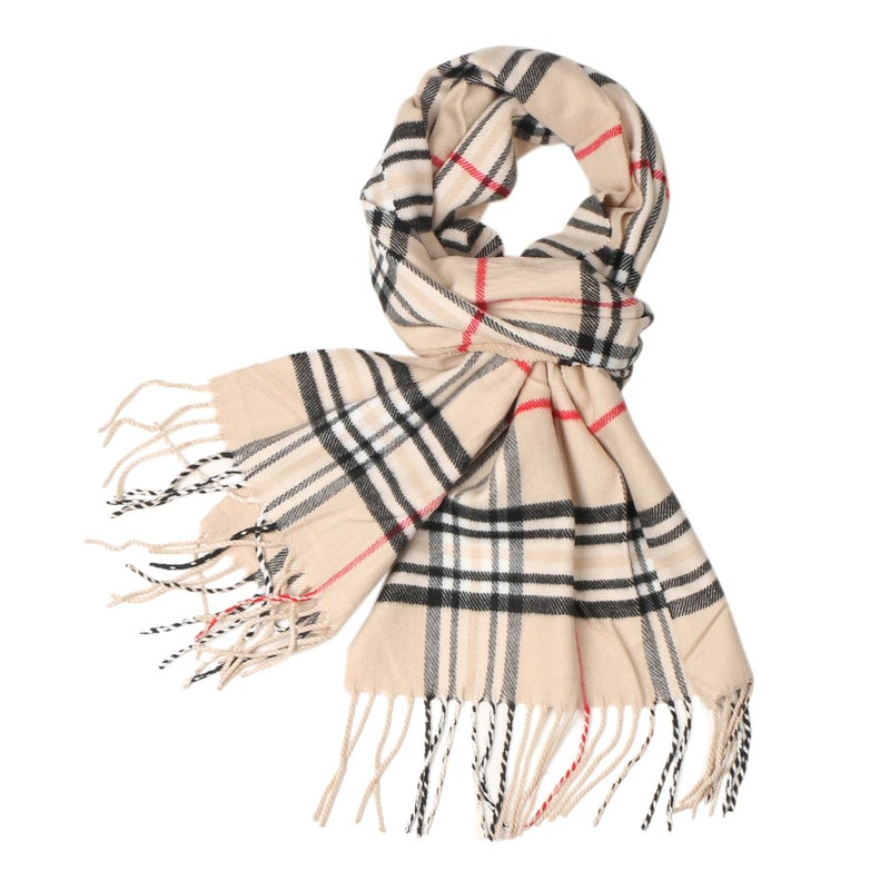 TZ Promise Men Women Tartan Plaid Cashmere Feel Classic Soft Warm Winter Scarf For Cold Weather (Beige) - Image 1