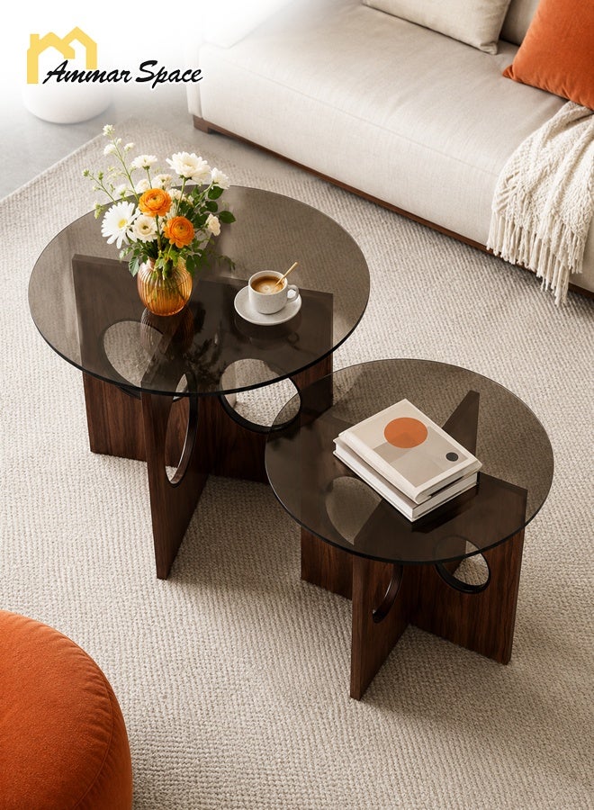 Ammar Space 2 Pieces Nesting Coffee Table Set, Wooden Round Coffee Tables with Tempered Glass Top, Modern Center Table for Living Room, Majlis, Lounge, Bedroom and Apartment - Image 1