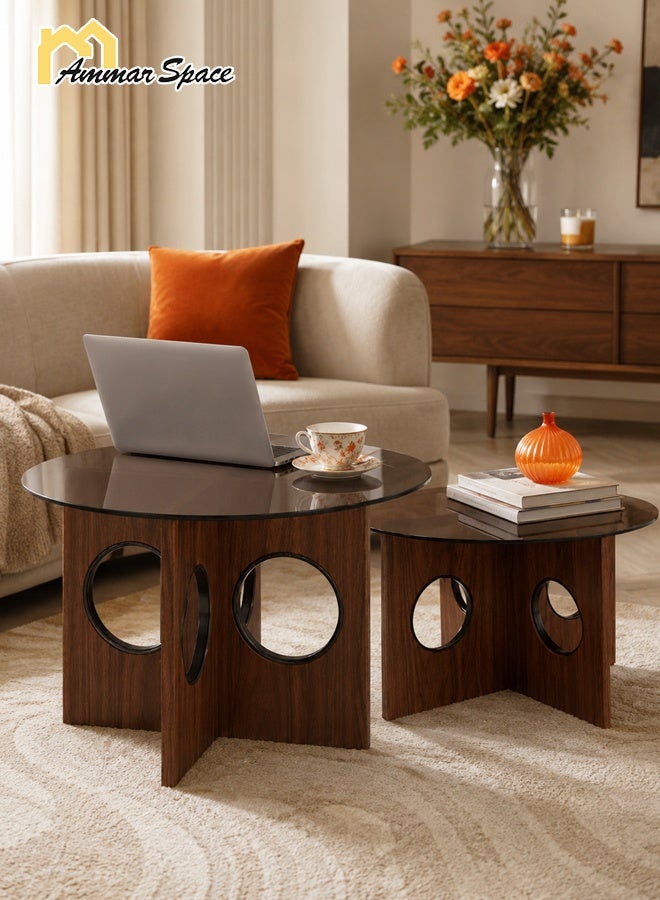 Ammar Space 2 Pieces Nesting Coffee Table Set, Wooden Round Coffee Tables with Tempered Glass Top, Modern Center Table for Living Room, Majlis, Lounge, Bedroom and Apartment - Image 2
