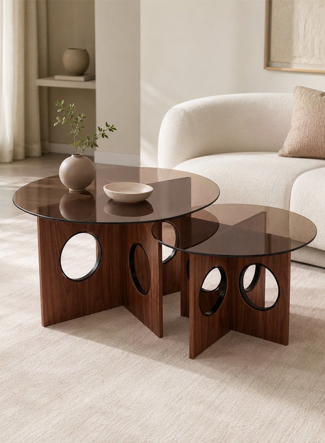Ammar Space 2 Pieces Nesting Coffee Table Set, Wooden Round Coffee Tables with Tempered Glass Top, Modern Center Table for Living Room, Majlis, Lounge, Bedroom and Apartment - Image 3