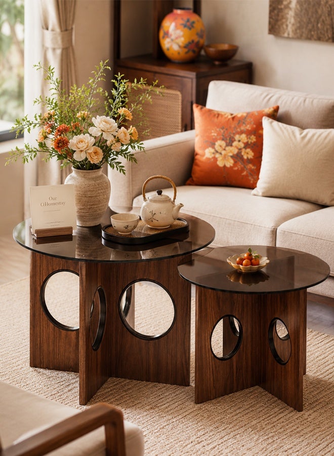 Ammar Space 2 Pieces Nesting Coffee Table Set, Wooden Round Coffee Tables with Tempered Glass Top, Modern Center Table for Living Room, Majlis, Lounge, Bedroom and Apartment - Image 5