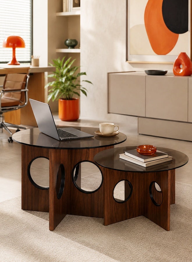 Ammar Space 2 Pieces Nesting Coffee Table Set, Wooden Round Coffee Tables with Tempered Glass Top, Modern Center Table for Living Room, Majlis, Lounge, Bedroom and Apartment - Image 4