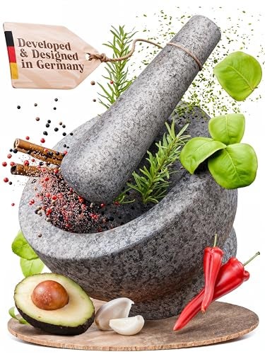 ChefSofi Mortar and Pestle Set - 6 Inch - 2 Cup Capacity - Unpolished Heavy Granite for Enhanced Performance and Organic Appearance - Included: Anti-Scratch Protector - Image 1