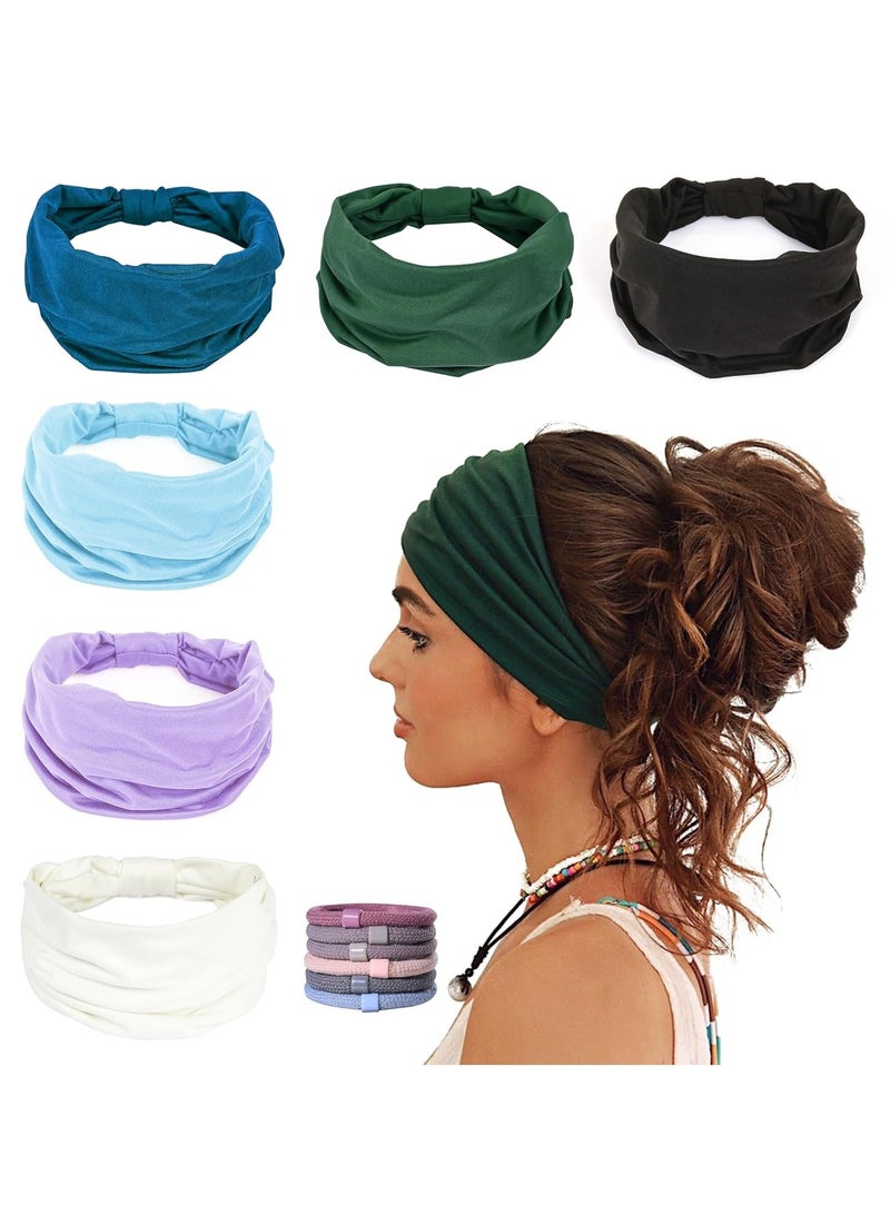 YelaJoy 6 Pack Wide Headbands for Women Non Slip Soft Elastic Hair Bands Yoga Running Sports Workout Gym Head Wraps, Knotted Cotton Cloth African Turbans Bandana (with 6 Pcs Hair Ties) - Image 1