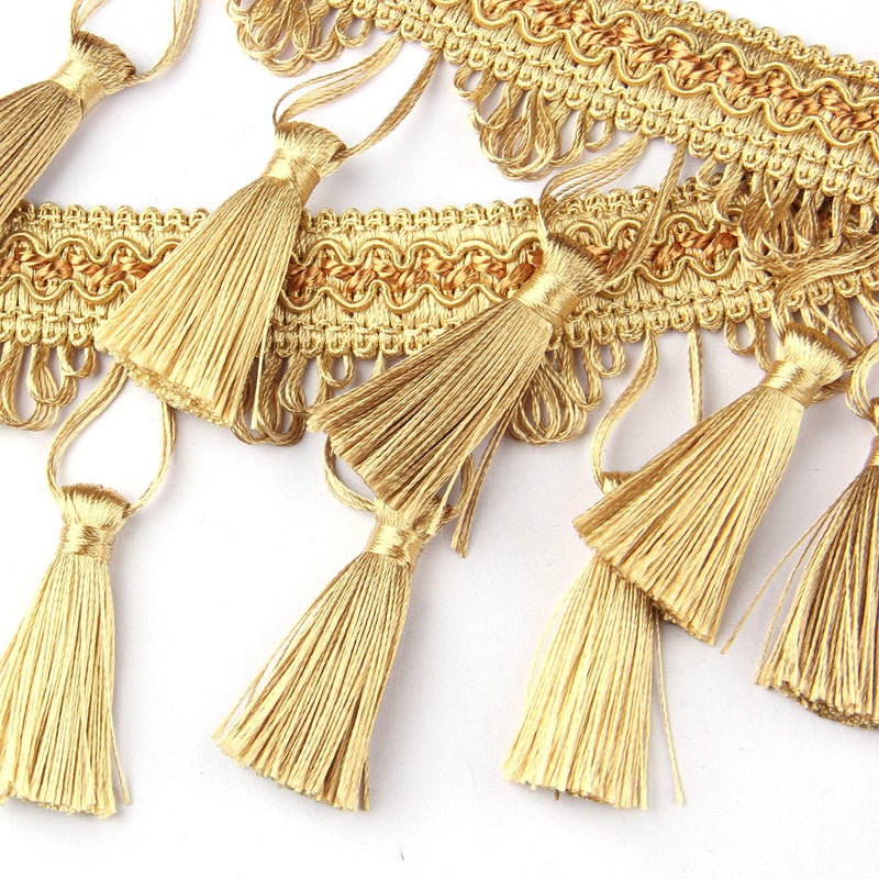 BEL AVENIR Tassel Fringe Trim 65 Yard x 354 Inches Luxury Hand Knitting Tassel Fringing Trimmings  Gold
