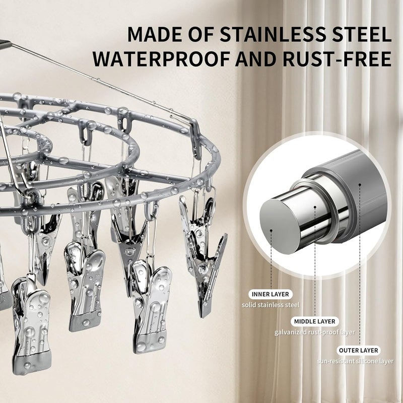 SYOSI Drying Rack with 24 Clips, Portable Folding Stainless Steel Laundry Hanger for Socks, Underwear, Baby Clothes, Towels, Lingerie, Indoor Outdoor Use, Gray - Image 3