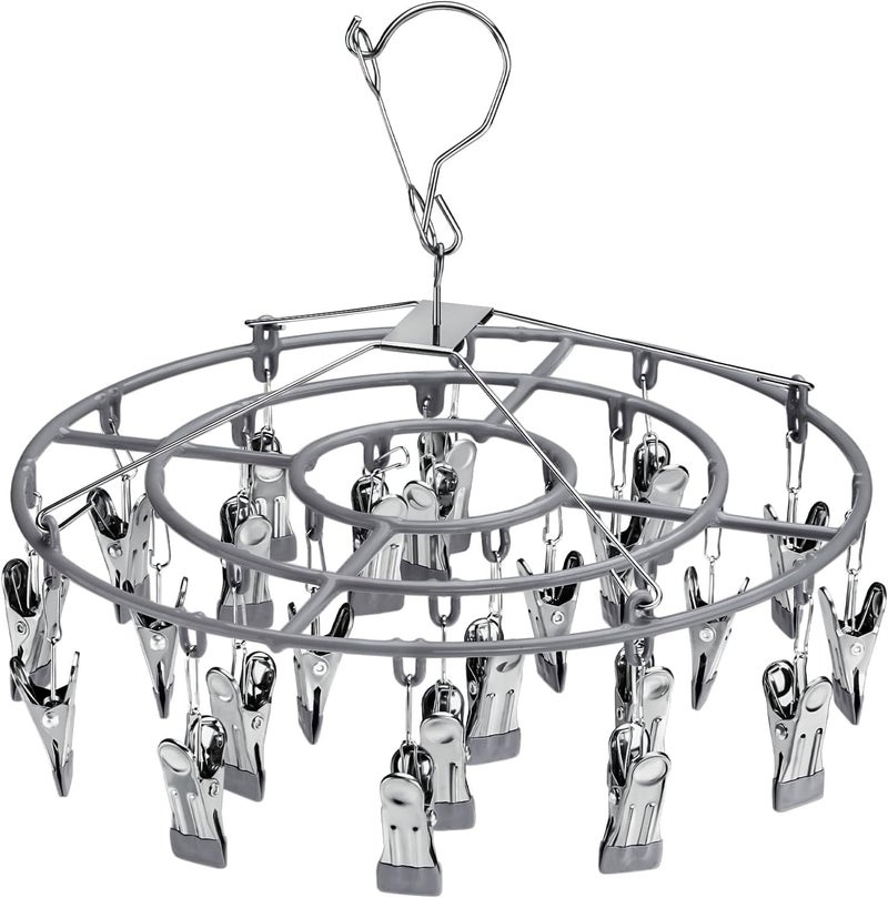 SYOSI Drying Rack with 24 Clips, Portable Folding Stainless Steel Laundry Hanger for Socks, Underwear, Baby Clothes, Towels, Lingerie, Indoor Outdoor Use, Gray - Image 1