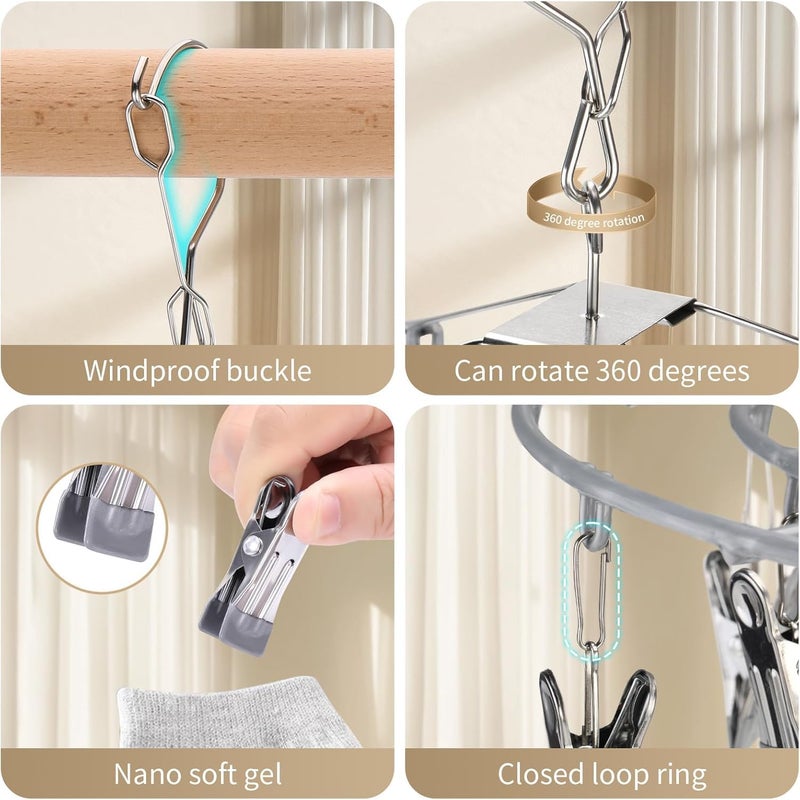 SYOSI Drying Rack with 24 Clips, Portable Folding Stainless Steel Laundry Hanger for Socks, Underwear, Baby Clothes, Towels, Lingerie, Indoor Outdoor Use, Gray - Image 4