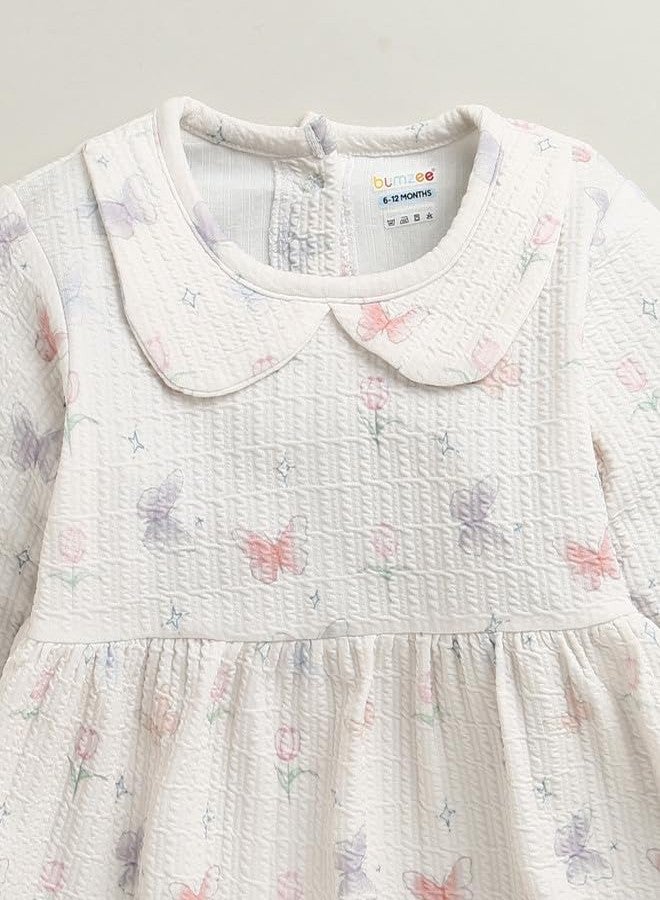 BUMZEE فستان بناتي من بامزي، مصنوع من مزيج البوليستر، بأكمام طويلة وطول يصل إلى الركبة، بقصة ضيقة من الأعلى وواسعة من الأسفل، لون أبيض كريمي - من 3 إلى 6 أشهر (Peb10753B-owt) - Image 3