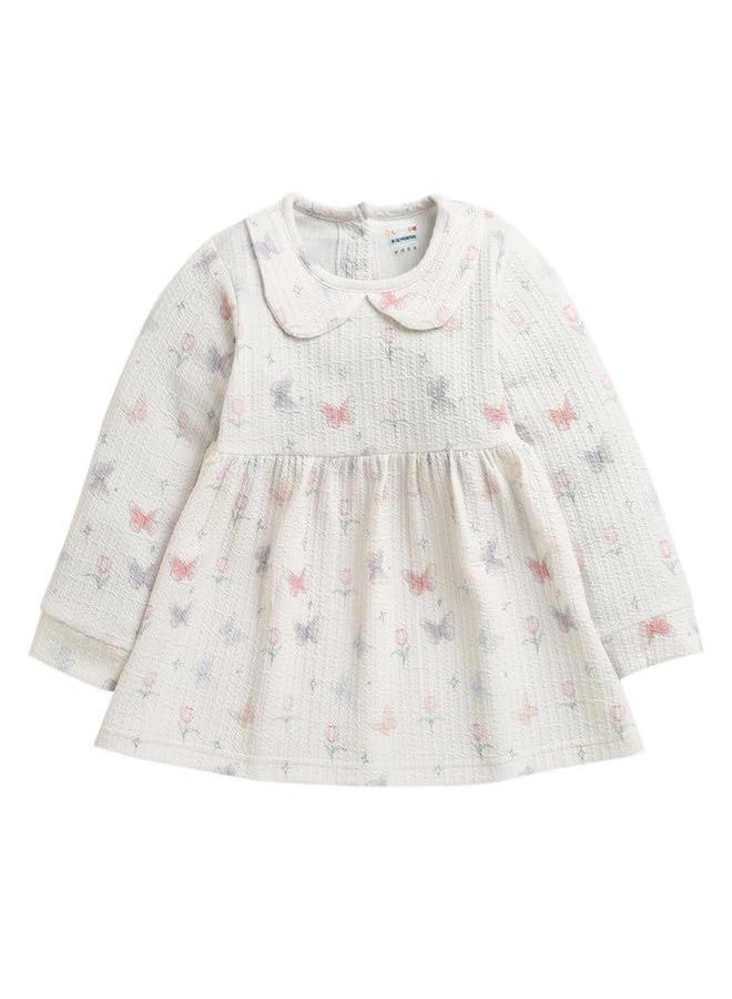 BUMZEE فستان بناتي من بامزي، مصنوع من مزيج البوليستر، بأكمام طويلة وطول يصل إلى الركبة، بقصة ضيقة من الأعلى وواسعة من الأسفل، لون أبيض كريمي - من 3 إلى 6 أشهر (Peb10753B-owt) - Image 1