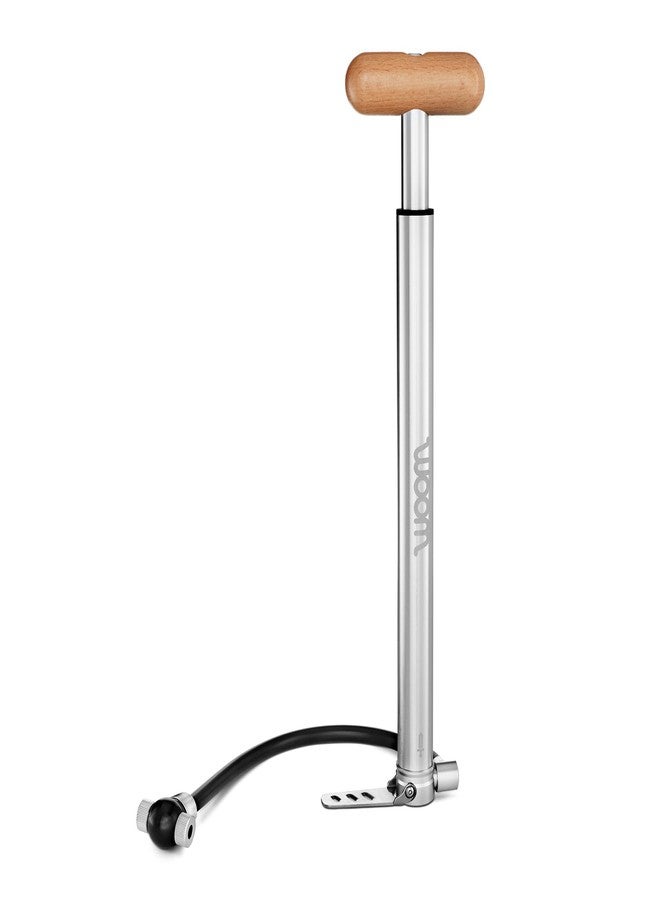 woom Airflo Small Bike Pump for Presta, Dunlop and Schrader Valves, Screw Thread, Mini Air Pump, Aluminium, Wooden Handle, Silver - Image 1